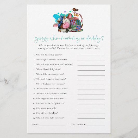 Papier Budget Jeu Devinez Qui Maman Papa Vache Baby showe (Devant)
