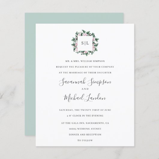 Papier BUDGET Joli Magnolia Eucalyptus mariage monogramme (Devant / Derrière)