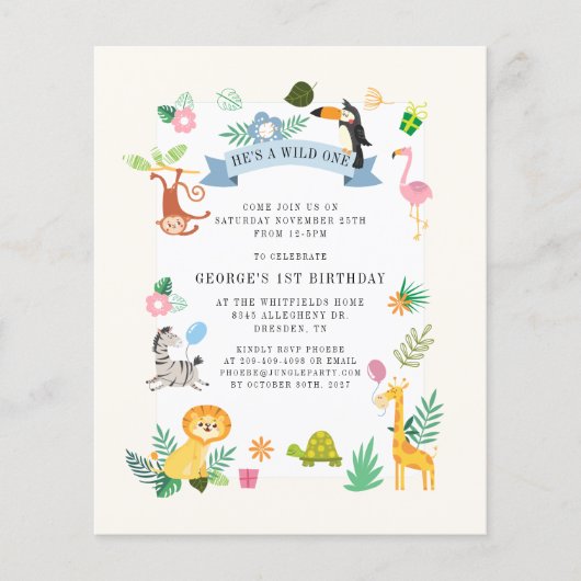 Papier Budget Jungle Animaux 1er Invitation anniversaire (Devant)
