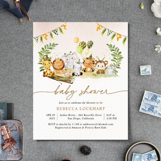 Papier Budget Jungle Safari Baby shower fille Invitation