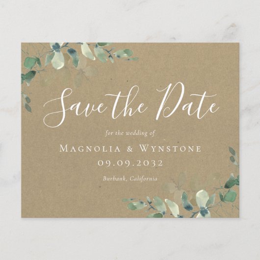 Papier BUDGET Kraft Eucalyptus Mariage Enregistrer La Dat (Devant)