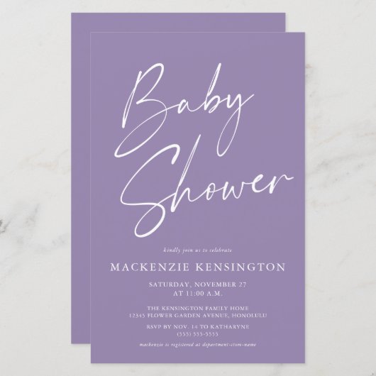 Papier Budget Lavender Purple Simple Script Baby shower (Devant / Derrière)