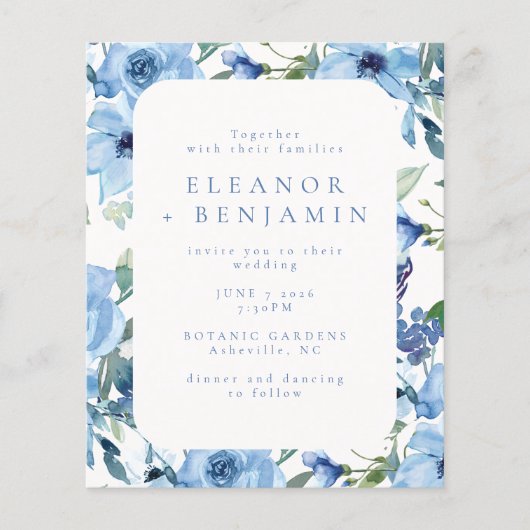 Papier Budget Léger Bleu Aquarelle Floral Mariage Invitat (Devant)