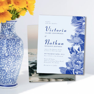 Papier Budget Léger Bleu Photo Floral Mariage Invitation