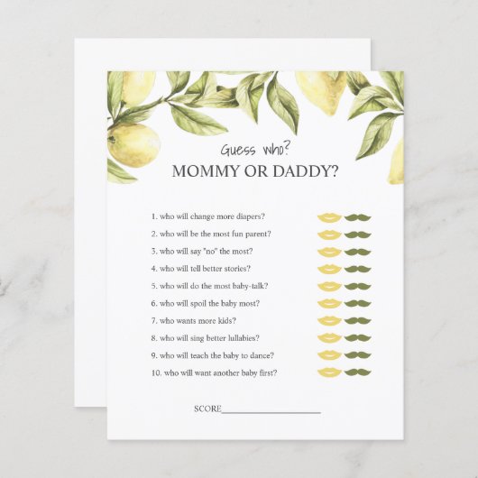 Papier BUDGET Lemon jeu de baby shower devinez qui (Devant / Derrière)