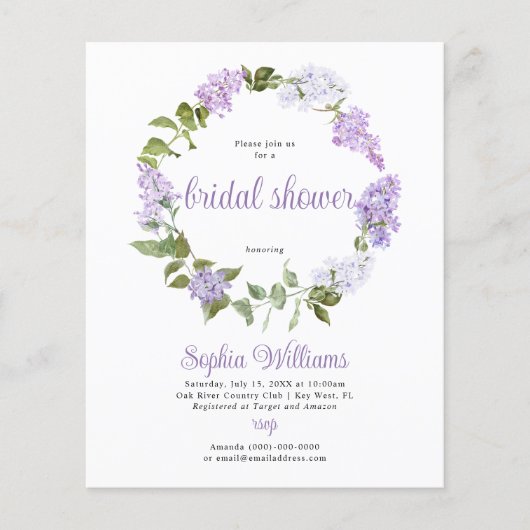Papier Budget Lilac Fleurs nuptiales Invitation à la douc (Devant)
