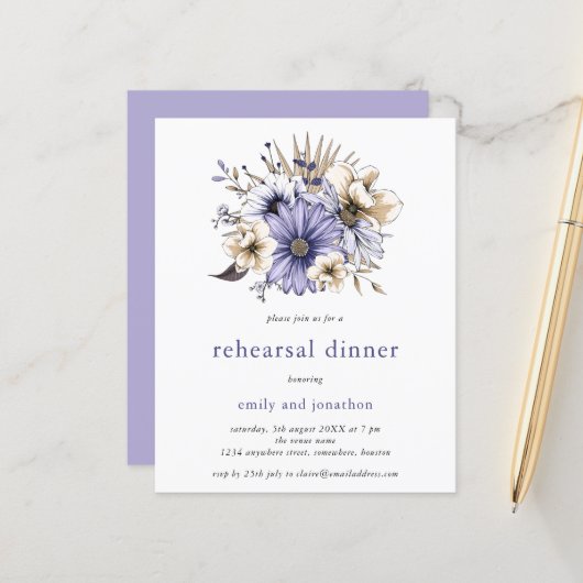 Papier Budget Lilac Florals Répétition Dîner Invitation (Devant/Arrière en situation)
