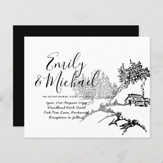 Papier Budget Lineart Cabine à Woods Mariage Invitation (Devant / Derrière)