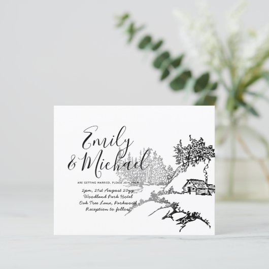 Papier Budget Lineart Cabine à Woods Mariage Invitation (Debout devant)