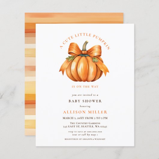 Papier Budget Little citrouille automne baby shower invit (Devant / Derrière)