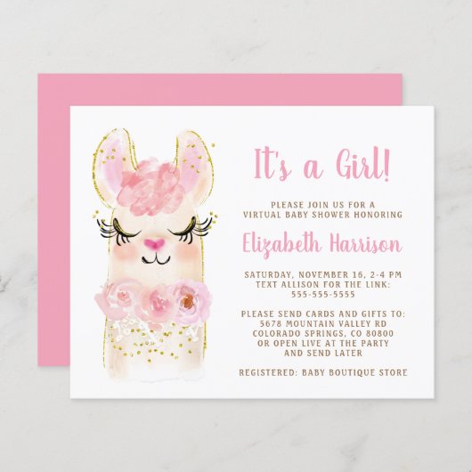 Papier Budget Llama Baby Girl Virtual Shower Invitation (Devant / Derrière)