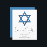 Papier Budget Love Light Star de David Hanoukka Card<br><div class="desc">Love Light Star de David Hanoukka Card. Un prix économique SMALLER 4.5" x 5.6" carte plate sur un stock de carte SEMI GLOSS 110 lb brillant (semblable à l'épaisseur d'une carte postale) VEUILLEZ NOTER : L'enveloppe fournie avec cette carte est légèrement plus grande que la carte elle-même. Style minimaliste contemporain...</div>