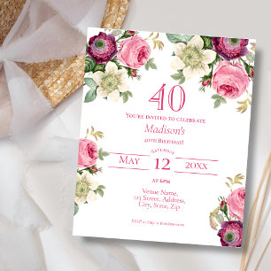 Papier Budget Magenta Floral 40e anniversaire Invitation
