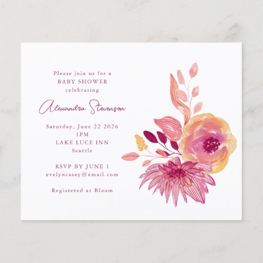 Papier Budget Magenta Floral Baby shower Invitation (Devant)