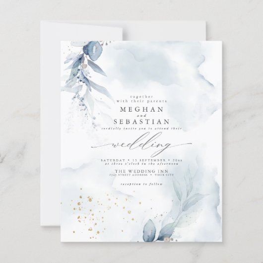 Papier Budget Mais Beau Bleu Dusty Foliage Aquarelle (Devant)