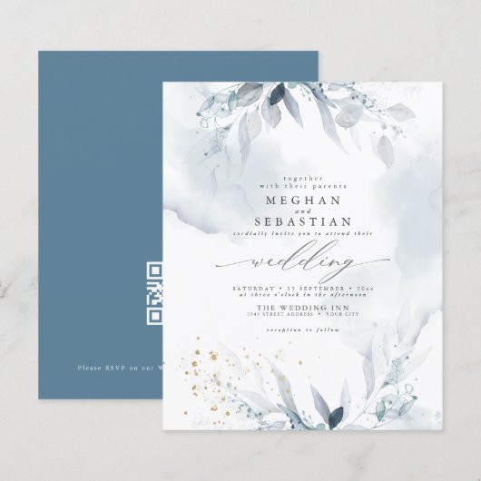 Papier Budget Mais Belle Aquarelle bleu Dusty QR RSVP (Devant / Derrière)