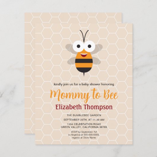 Papier Budget Maman to Be Honey Bee Baby shower Invitatio (Devant / Derrière)
