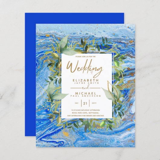 Papier BUDGET Marbre Bleu Or Vert Mariage Invite (Devant / Derrière)