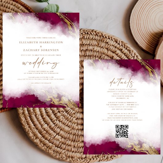 Papier Budget Marbre Bourgogne Or QR Code Mariage Invitat