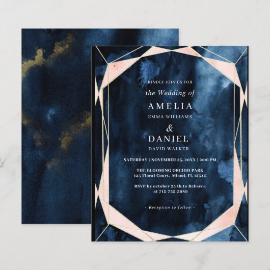 Papier Budget Marbre Marine Blue Gold Faire-part de maria (Devant / Derrière)