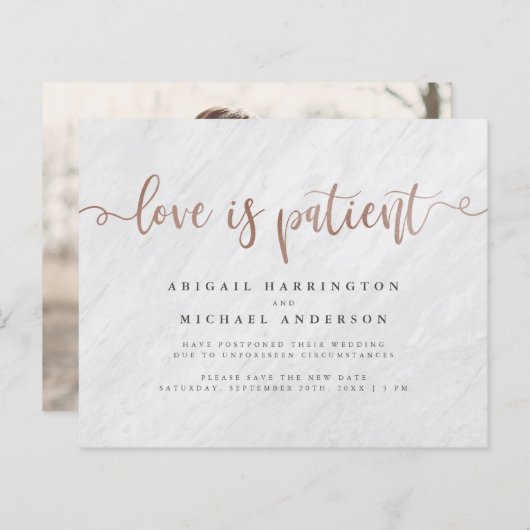Papier Budget Marbre & Rose Gold Script L'amour est patie (Devant / Derrière)