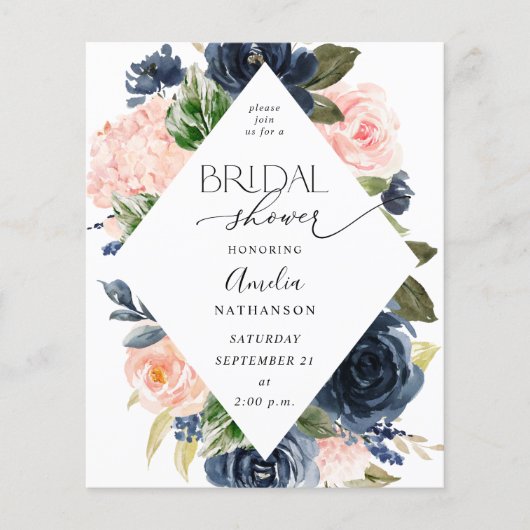 Papier Budget Mariage Bleu Nuit et Rose Pâle Floral Showe (Devant)