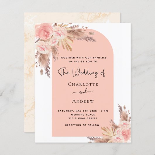 Papier Budget mariage blush pampas herbe rose invitation (Devant / Derrière)