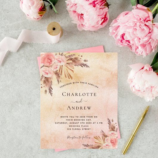 Papier Budget Mariage boho pampas herbe rose or