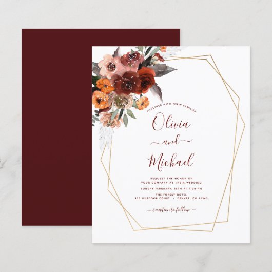 Papier Budget Mariage de automne Bourgogne Gold Floral (Devant / Derrière)