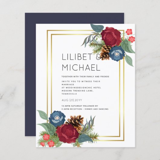 Papier BUDGET Mariage d'hiver Bourgogne Turquoise Bleu mo (Devant / Derrière)