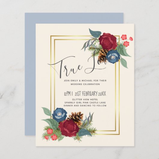 Papier BUDGET Mariage d'hiver Bourgogne Turquoise Bleu mo (Devant / Derrière)