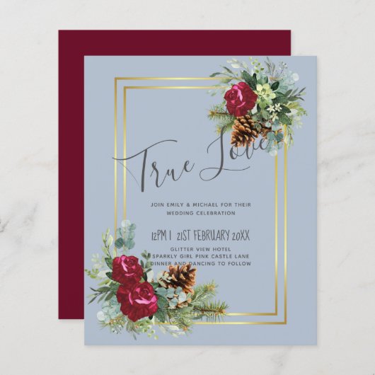 Papier BUDGET  Mariage d'hiver Roses bordeaux Eucalyptus (Devant / Derrière)