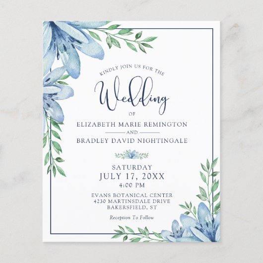 Papier Budget Mariage Floral Blue Flowers Vert Invitation (Devant)
