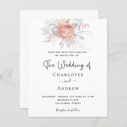 Papier Budget Mariage rose or floral élégant argent (Devant / Derrière)