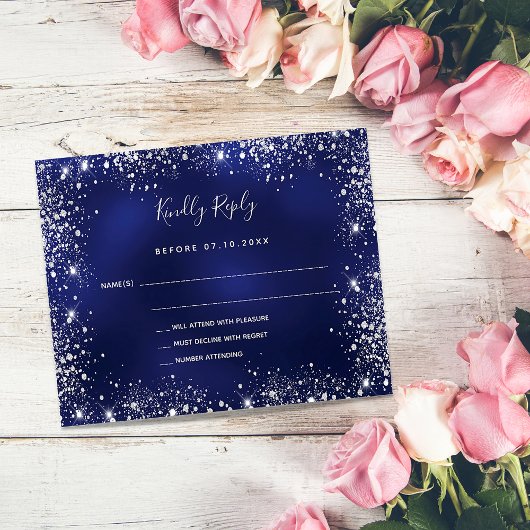 Papier Budget mariage RSVP bleu marine paillettes argenté