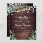 Papier Budget Mariage Rustic Wood Lights Invitation vert<br><div class="desc">Invitations de mariage rustiques imprimées sur papier léger idéal pour les budgets conservateurs et la livraison à la main aux invités. Beau bois de campagne foncé avec lumières clignotantes et élégante aquarelle de la végétation eucalyptus et feuillage. Tout le texte est modifiable pour modifier le libellé en fonction de vos...</div>