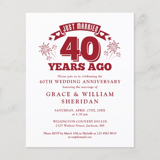 Papier Budget Marié Ruby Invitation du 40e anniversaire (Devant)
