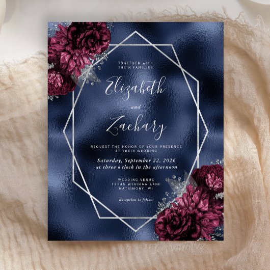 Papier Budget Marine Bleu Bourgogne Argent Mariage Floral