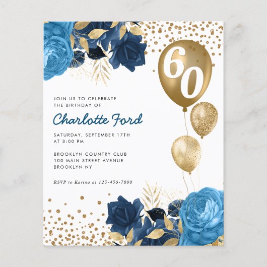 Papier Budget Marine Bleu Floral or Ballons Anniversaire (Devant)