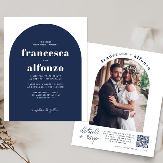 Papier Budget Marine Bleu RSVP QR Code Retro Photo Mariag