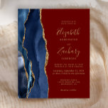 Papier Budget Marine Blue Agate Bourgogne Faire-part de m<br><div class="desc">Le bord gauche de cette élégante faire-part de mariage moderne est orné d'une bordure en aquarelle bleu marine ornée d'une parties scintillant en faux or. Le texte personnalisable associe écriture manuscrite dorée, copperplate et polices italiques sur un arrière - plan rouge bordeaux. L'envers est assorti d'un design d'agate bleu marine...</div>