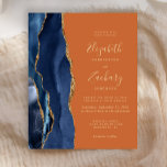 Papier Budget Marine Blue Agate Burnt Orange Mariage Invi<br><div class="desc">Le bord gauche de cette élégante faire-part de mariage moderne est orné d'une bordure en aquarelle bleu marine ornée d'une parties scintillant en faux or. Le texte personnalisable combine écriture manuscrite couleur or, cuivre et polices italiques sur un arrière - plan orange brûlé. L'envers est assorti d'un design d'agate bleu...</div>