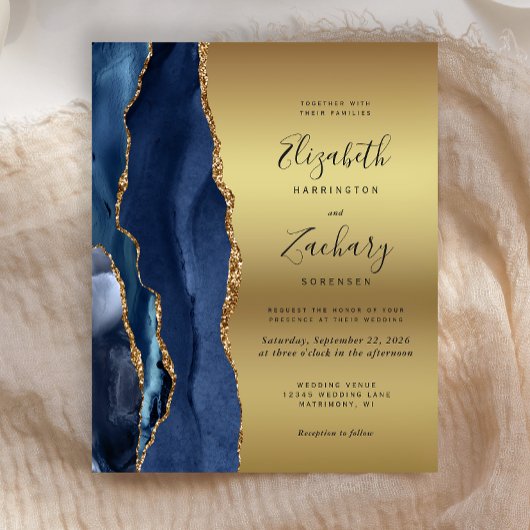Papier Budget Marine Blue Agate Gold Glam Wedding Invitat