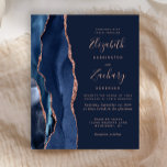 Papier Budget Marine Blue Agate Rose Gold Wedding Invitat<br><div class="desc">Le bord gauche de cette élégante faire-part de mariage moderne est orné d'une bordure en aquarelle bleu marine ornée d'une parties scintillant en or rose. Le texte personnalisable combine écriture manuscrite rose rose avec des polices cuivre et italique sur un arrière - plan bleu marine. L'envers est assorti d'une agate...</div>