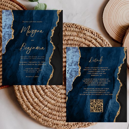 Papier Budget Marine Blue Agate Script QR Code Mariage