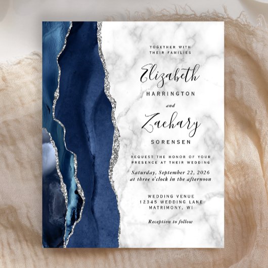 Papier Budget Marine Blue Argent Agate Marbre Mariage