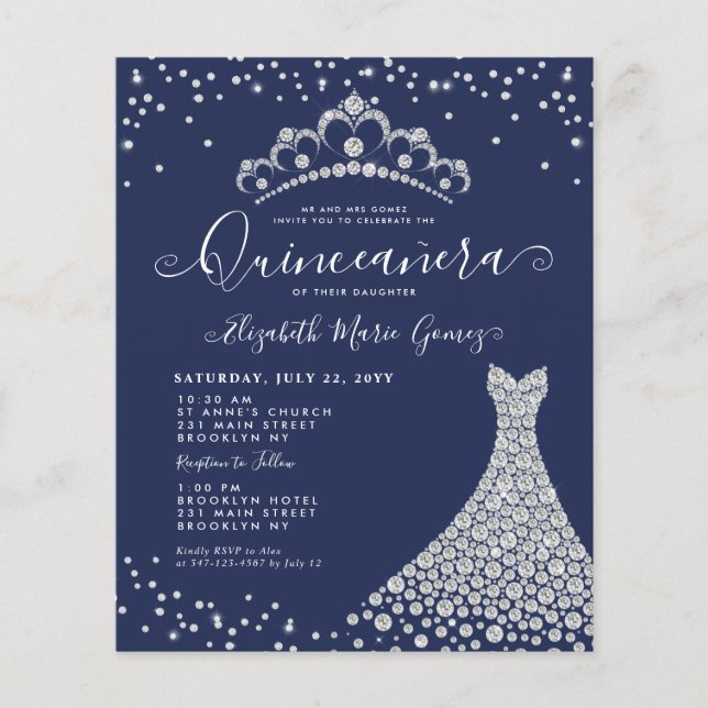 Papier Budget Marine Blue Diamond Sparkle Tiara Quinceane (Devant)