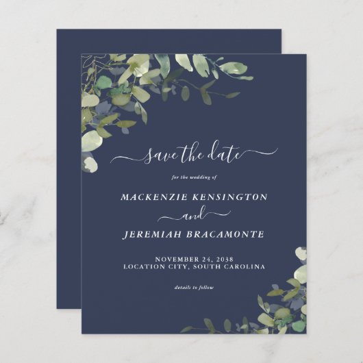 Papier Budget Marine Blue Eucalyptus Mariage Enregistrer  (Devant / Derrière)