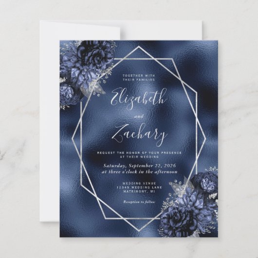 Papier Budget Marine Blue Floral Argent QR Code Mariage (Devant)