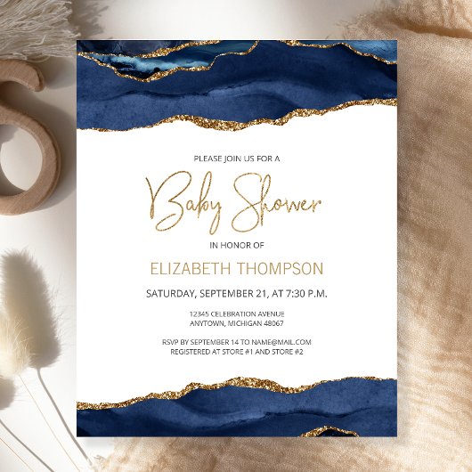 Papier Budget Marine Blue Gold Agate Baby shower Invitati